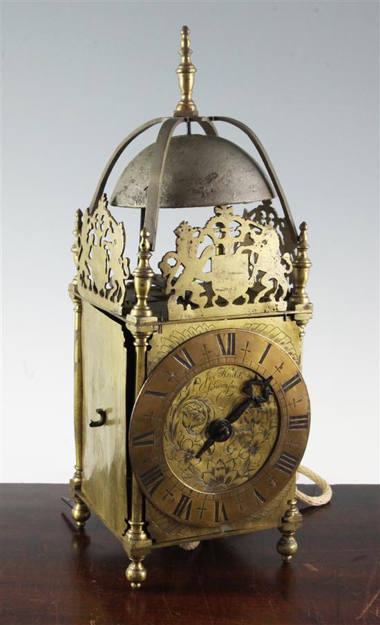 A 17th century style brass lantern clock, 15.5in.